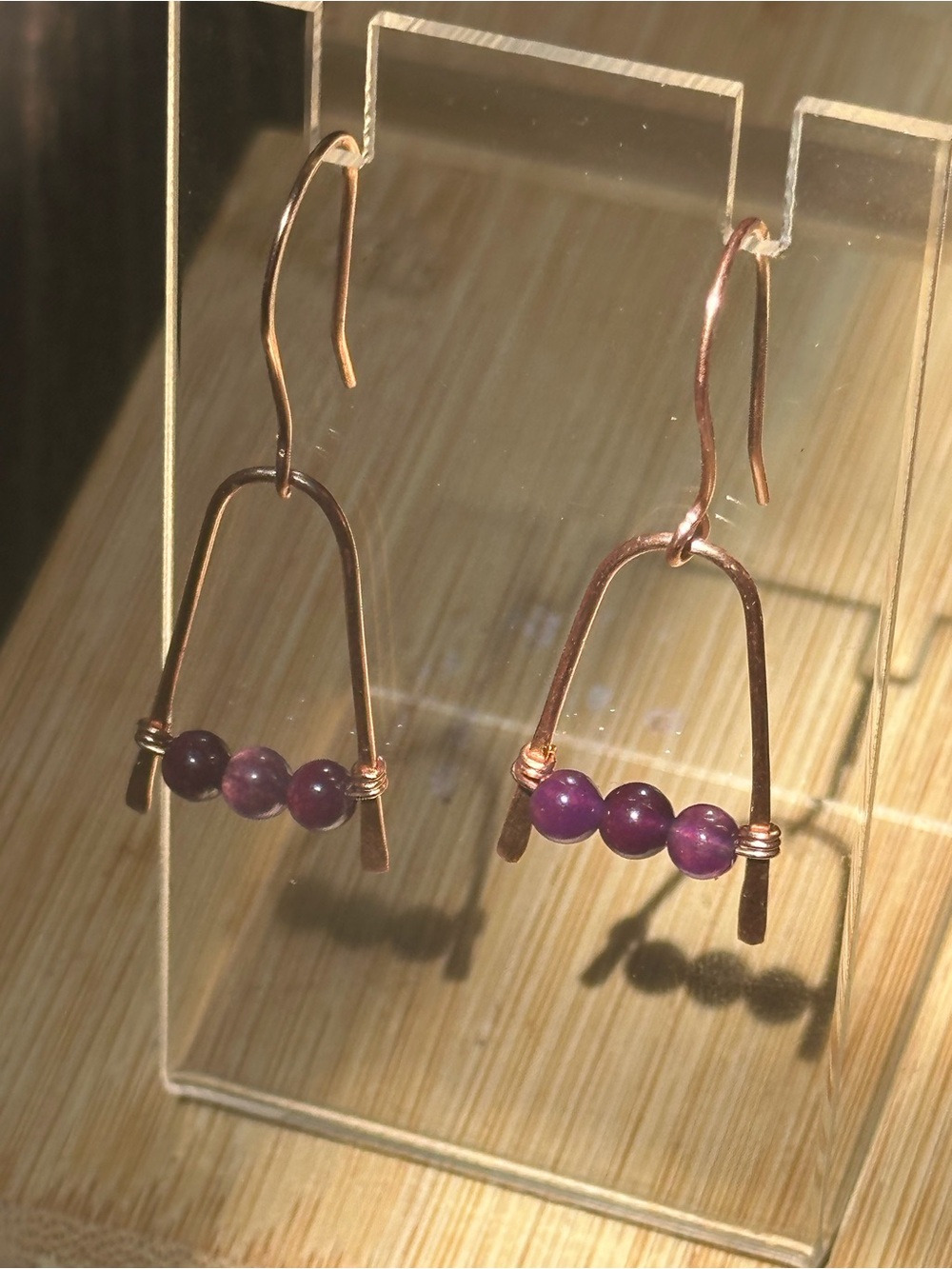 Amethyst Copper Arch Earrings | Handmade Geometric Dangle Artisan Jewelry